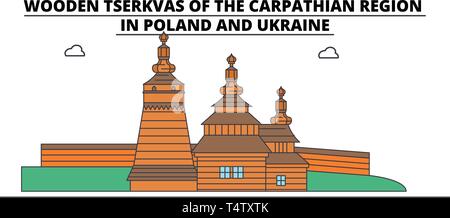 Pologne , églises en bois dans la région des Carpates , skyline voyages vector illustration. Illustration de Vecteur