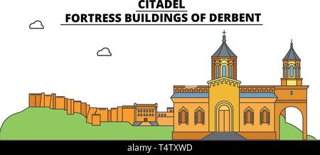 La Russie, du Daghestan, Derbent, citadelle , skyline voyages vector illustration. Illustration de Vecteur