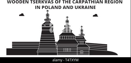 Pologne , églises en bois dans la région des Carpates , skyline voyages vector illustration. Illustration de Vecteur