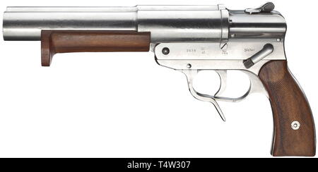 Un signal flare pistol Walther Mod. SLd, 'ac 41', la Kriegsmarine (marine), cal. 4 (26,65 mm), no. 2638. Les numéros correspondants. Alésages lumineux, longueur 230 mm. Longueur totale 345 mm. La preuve-mark Zella-Mehlis. 2638 numéro de série sur le côté gauche du châssis à côté d'manufacturerïs «code ac 41' et l'acceptation de la marine mark eagle/'HK/M/III/3'. Sur le boulon sélecteur bâti marqué '1' et 'r' pour la simple action avec fourreau gauche ou droite, ci-dessous elle a marqué 'Doppel/Schuss' simultanément pour les deux tirs de canons. Toutes les pièces produites à partir de matt-poli Nirosta acier fin. L'utilisation de barils avec peu de marques, des minima, Editorial-Use-seulement Banque D'Images