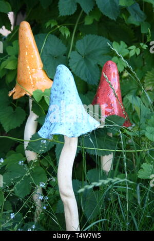 Trois souches de champignons à la main, Blanc et coloré caps Banque D'Images