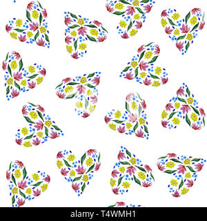 Motif transparent aquarelle coeurs avec fleurs, feuilles sur fond blanc. Banque D'Images