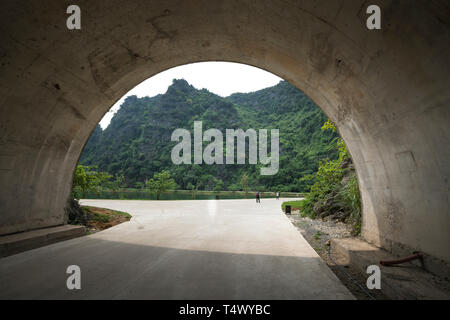 Canal avec l'eau verte et petite île au parc de la montagne calcaire Tuyet Tinh Coc view point. Attraction touristique populaire à Tam Coc, Ninh Binh. Banque D'Images