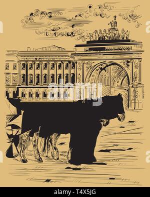 Vue sur deux chevaux et chariots, l'Arc de Triomphe sur la place du palais de Saint-Pétersbourg, Russie. Monument de Saint Petersburg. Vector hand isolés Illustration de Vecteur