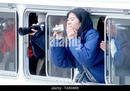 Femme Asiatique et d'autres observateurs et de photographier un ours d'un bus navette dans le parc national Denali en Alaska Banque D'Images