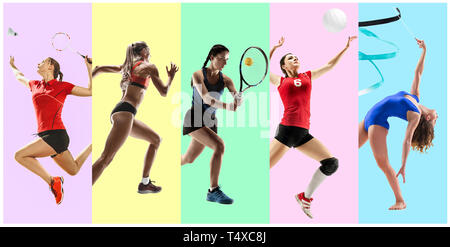 Collage sur Sport athlètes féminins ou des joueurs. Le tennis, la course, le badminton, la gymnastique rythmique, volley-ball concept. La femme dans l'action ou de mouvement sur un fond de couleur à la mode. Banque D'Images