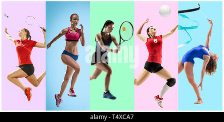 Collage sur Sport athlètes féminins ou des joueurs. Le tennis, la course, le badminton, la gymnastique rythmique, volley-ball concept. La femme dans l'action ou de mouvement sur un fond de couleur à la mode. Banque D'Images