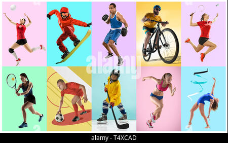 Collage sur les athlètes de sport ou les joueurs. Le tennis, la course, le badminton, la gymnastique rythmique, volley-ball, boxe, snowboard, hockey sur glace, le soccer Football, cyclisme concept. Mettre en place les femmes et les hommes dans l'action ou de mouvement sur un fond de couleur à la mode. Banque D'Images