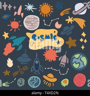 Éléments spatiaux dessinés à la main. Illustration du gribouille d'espace. Illustration de Vecteur