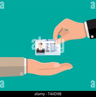 Businessman hand donne sa carte de visite. Carte papier avec une photo et vos contacts. Vector illustration style de télévision Illustration de Vecteur