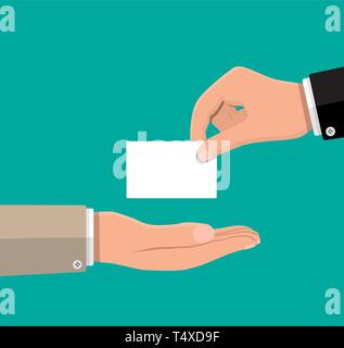 Businessman hand vide donne sa carte de visite. Carte papier avec une photo et vos contacts. Vector illustration style de télévision Illustration de Vecteur