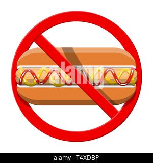 Pas de fast food admis. Symbole de hotdog interdiction. Interdit de hot-dog, interdit de fast-food malsaine. Rejet de la malbouffe, des collations. La graisse, de l'embonpoint. Vector illustrat Illustration de Vecteur