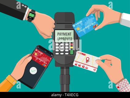 Les mains avec transport card, smartphone, smartwatch et de cartes bancaires près de terminal de point de vente. Sans contact, sans fil ou les paiements sans numéraire, rfid nfc. Vector illust Illustration de Vecteur