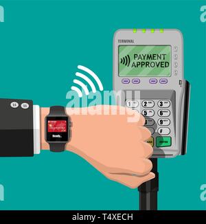 Smart watch les paiements sans contact. Smartwatch sur main et terminal de point de vente. Sans contact, sans fil ou les paiements sans numéraire, rfid nfc. Vector illustration en fl Illustration de Vecteur