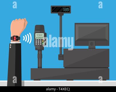 Smart watch les paiements sans contact. Smartwatch sur main et terminal de point de vente. Sans contact, sans fil ou les paiements sans numéraire, rfid nfc. Vector illustration en fl Illustration de Vecteur