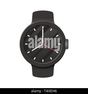 Montre-bracelet. Vérifier l'heure. Temps sur montre-bracelet. Réveil noir avec sangle. Vector illustration dans télévision stile Illustration de Vecteur