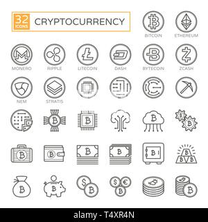 Cryptocurrency, bitcoin, blockchain - minime fine ligne site web icon set (32pc, contour simple vector icons collection) Illustration de Vecteur