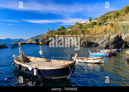 Des bateaux de pêche à Manarola, l'un des cinq villages méditerranéens à Cinque Terre, Italie, célèbre pour ses maisons colorées et son port Banque D'Images