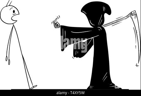 Cartoon stick figure dessin illustration conceptuelle de l'homme commandé par Grim Reaper avec faux et en noir capot pour le suivre. Métaphore de la mort. Illustration de Vecteur