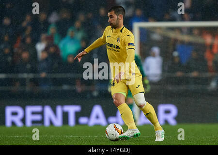 Valence, Espagne - AVRIL 18 : Manu Trigueros de Villarreal CF en action au cours de l'UEFA Europa League quart de finale deuxième match de jambe entre Valence et Villarreal à l'Estadi de Mestalla le 18 avril 2019 à Valence, en Espagne. (Photo de David Aliaga/MO Media) Banque D'Images