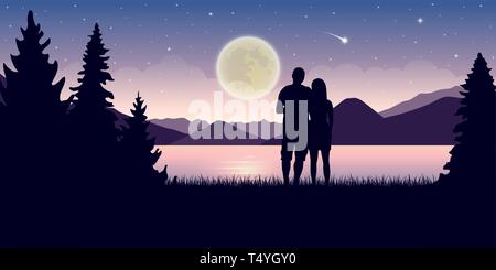 Couple in love au magnifique lac de nuit avec la pleine lune et ciel étoilé paysage mystique EPS10 vector illustration Illustration de Vecteur