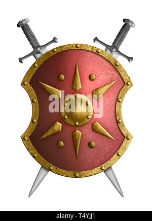 Metal red shield avec Golden Star crossed swords isolated on white Banque D'Images