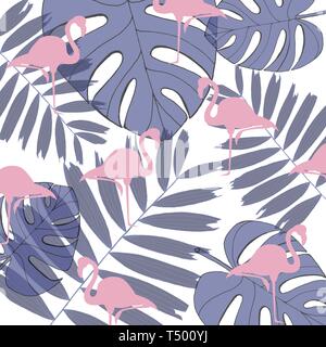 Motif tendance tropical avec des flamants roses et vert menthe feuilles de palmier. Illustration de Vecteur