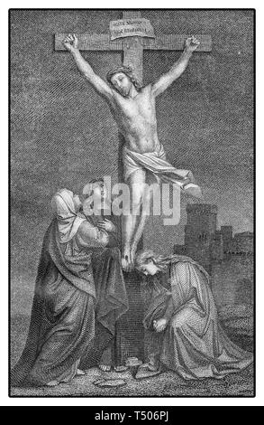 Décrire la gravure en forme hagiographique la scène de la crucifixion du Christ avec la Sainte Mère et Marie Madeleine au pied de la croix. Banque D'Images