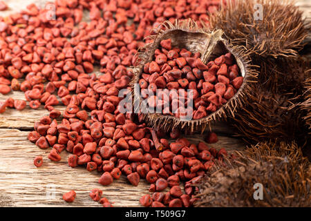 Graines de rocou sur bois rustique, vue du dessus Banque D'Images