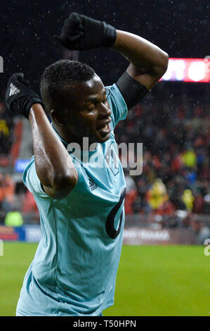 Darwin Quintero # 25 de l'avant du Minnesota United FC célèbre après avoir marqué un but lors de la saison régulière MLS 2019 match entre FC de Toronto (Canada) et du Minnesota United FC (USA) au BMO Field à Toronto, Canada (Score:Toronto FC a gagné 4-3) Banque D'Images