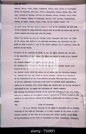 Page 16 du certificat de ratification du 19e amendement à la Constitution, ainsi que la résolution et la transcription des journaux des deux chambres de l'Assemblée générale de l'État de New York, le 24 août 1920. L'image de courtoisie des Archives nationales. () Banque D'Images