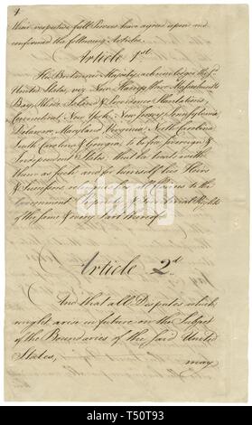 Le Traité de Paris, envoyé au Congrès par les négociateurs américains, John Adams, Benjamin Franklin et John Jay, officiellement fin à la guerre d'indépendance, 1783. L'image de courtoisie des Archives nationales. () Banque D'Images