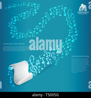 Fond de musique bleu clair avec liste blanche de papier avec des bâtons et clé de sol et d'autres notes qu'il doit à présent Illustration de Vecteur