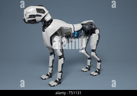 Chien Robot se dresse sur un fond gris. 3D illustration Banque D'Images