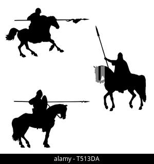 Illustration médiévale chevaliers montés. Chevalier à cheval. Ensemble de 3 croisés médiévaux. Tirage numérique noir et blanc. Chevaliers d'ossature. Banque D'Images