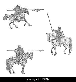 Ensemble de 3 montée médiévale croisés. Illustration médiévale chevaliers montés. Chevalier à cheval. Tirage numérique noir et blanc. Banque D'Images