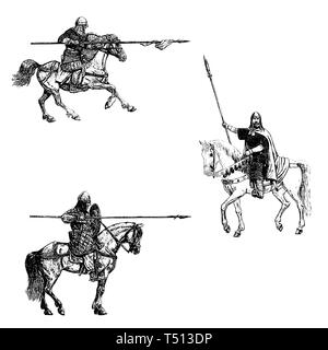 Illustration médiévale chevaliers montés. Chevalier à cheval. Ensemble de 3 croisés médiévaux. Tirage numérique noir et blanc. Banque D'Images