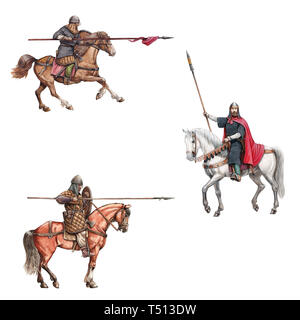 Illustration médiévale chevaliers montés. Chevalier à cheval. Ensemble de 3 croisés médiévaux. Banque D'Images