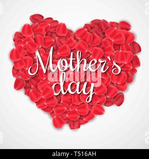 Carte de souhaits pour la Fête des Mères. Inscription sur un coeur de pétales de rose réaliste rouge sur un fond blanc. Couvrir pour votre conception. Vector illustr Illustration de Vecteur