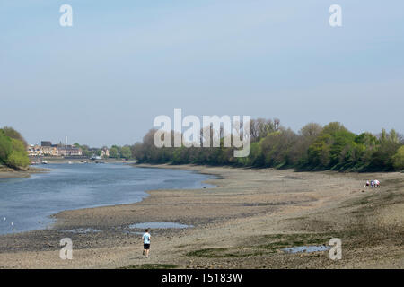 Les marcheurs et les joggers profitez de la marée basse sur la tamise à Barnes, Londres, Angleterre, en vue d'Hammersmith, à l'extrême bank Banque D'Images