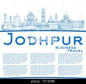 Contours Jodhpur Inde Ville bleu avec les bâtiments et l'espace de copie. Vector Illustration. Les voyages d'affaires et le concept avec l'architecture historique. Illustration de Vecteur