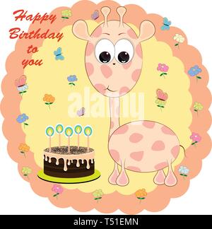 Carte de souhaits d'anniversaire avec girafe. cartoon vector illustration. Illustration de Vecteur