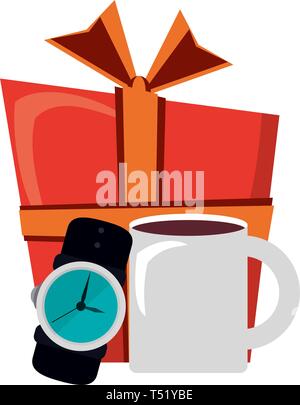 Avec boîte cadeau homme montre-bracelet et tasse à café Illustration de Vecteur
