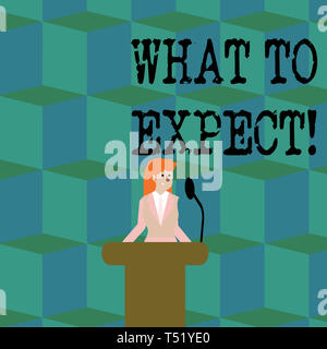 La main conceptuel montrant à quoi s'attendre. Poser des questions sur la signification du concept ce qui concerne quelque chose comme susceptible de se produire se produire Businesswoman derrière Podium Ro Banque D'Images