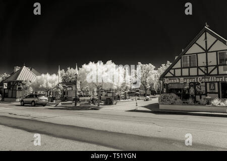 Infrarouge noir et blanc, rue de la ville avec des entreprises, des voitures en stationnement sous un ciel sombre. Les arbres blancs et la végétation. Banque D'Images