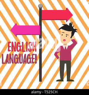 Texte de l'écriture en langue anglaise. Troisième photo conceptuelle indigènes parlées lang dans monde après le chinois et l'espagnol homme confondu avec la flèche de signalisation routière Banque D'Images