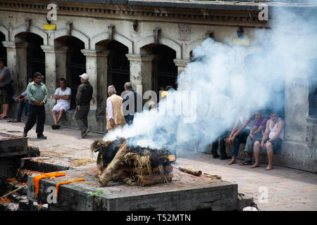 Katmandou, Népal - 10 mai 2017 : un corps mort d'être incinéré dans les locaux de temple de Pashupatinath, sur les bords de la rivière Baghmati. Banque D'Images