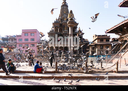 Katmandou, Népal - 28 décembre 2015 : les personnes observant les pigeons dans la cour en face de l'Krishna Mandir à Patan Durbar Square. Banque D'Images