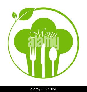 Cercle avec des feuilles, des couverts et un chapeau de chef avec menu inscription. Vide pour menu, modèle plat Illustration de Vecteur