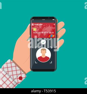 Smartphone avec l'aide de l'application paiement face à la reconnaissance et l'identification dans la main. L'identification biométrique Visage id. Paiement sans espèces sans fil ou sans contact Illustration de Vecteur